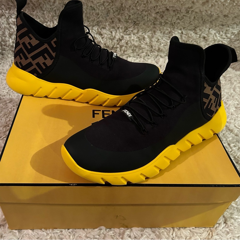 Fendi FF Motif Mesh High-Top 'Black Yellow Sneakers